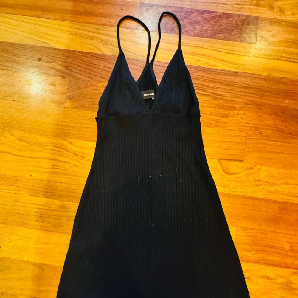 Reformation Black Stretch Knit Spaghetti Strap T Back Triangle Top Mini Dress